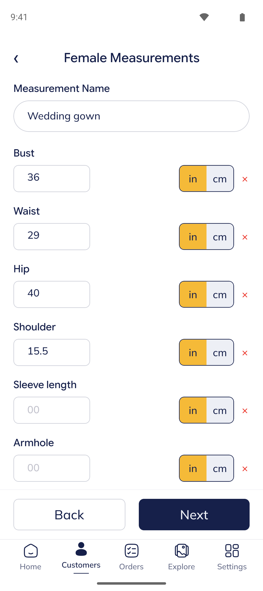 Seam female measurement entry with inch and centimetre toggles